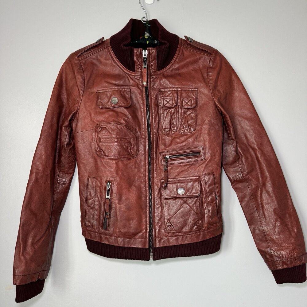 Vintage Only Maroon Quilted Cargo Cropped Moto Jacket Sz 36S Fall Grunge